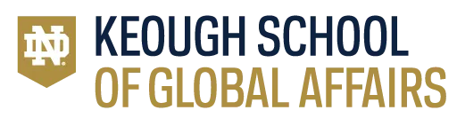 A gold badge with the letters "ND" overlapping and to the right the words "KEOUGH SCHOOL" in blue and "OF GLOBAL AFFAIRS" in yellow.