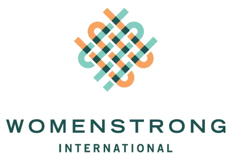 A cross hatch green and orange logo and underneath it the words "WOMENSTRONG INTERNATIONAL" in green.